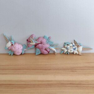 Vtg 90s Burwood Products 3 PC Set Plastic Hummingbird Wall Hanging Plaque Pastel